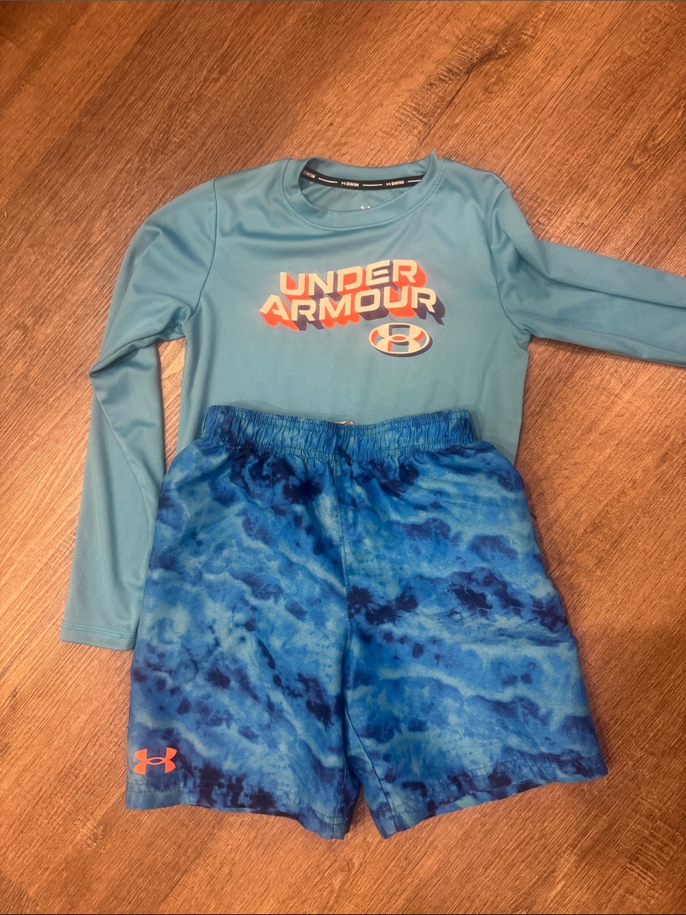 Under Armour Kids Blue Long-Sleeve Rashguard with Blue swim Trunks